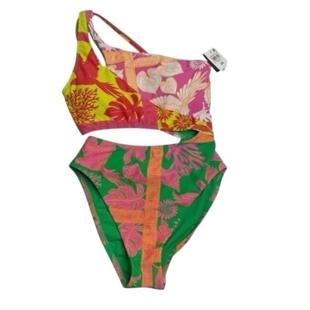 Bar III Paradise Club One Shoulder Cutout Swimsuit One Piece Tropical Size XS